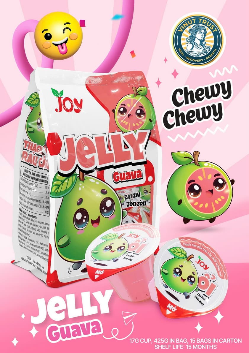 JOY Guava Jelly, Chewy Chewy, Zai Zai Zon Zòn, Bag (Contains 17g Cups), (425g)