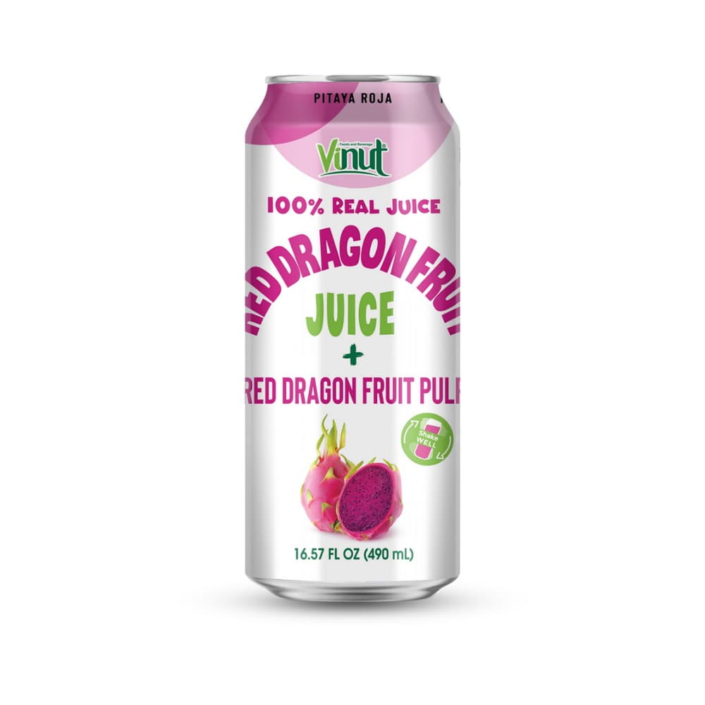 Vinut 100% Real Juice Red Dragon Fruit Juice + Red Dragon Fruit Pulp, Slim Can, 16.57 fl oz 490 mL