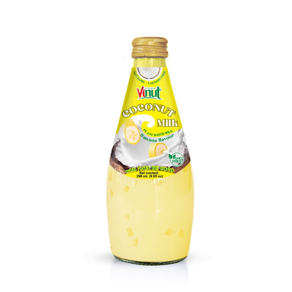 Vinut Coconut Milk, Banana Flavour, Plant Based Milk, With Nata De Coco, Non Dairy, Lactose Free, GMO Free, Glass Bottle, 9.8 fl oz (290 mL)