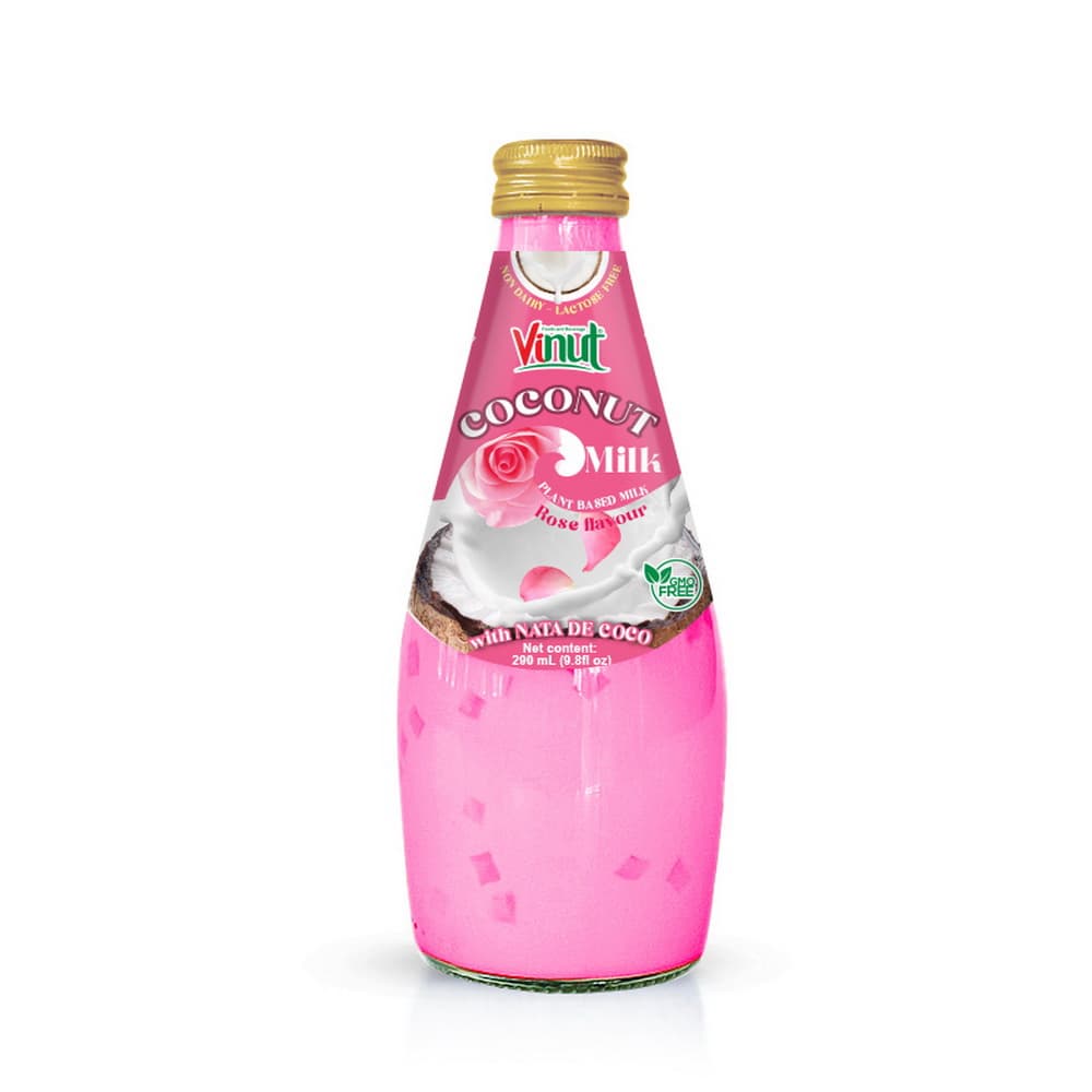 Vinut Coconut Milk, Rose Flavour, Plant Based Milk, With Nata De Coco, Non Dairy, Lactose Free, GMO Free, Glass Bottle, 9.8 fl oz (290 mL)