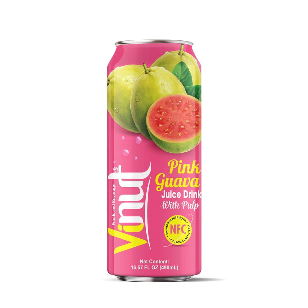 Vinut Pink Guava Juice Drink with Pulp, NFC, Slim Can, 16.57 fl oz 490 mL